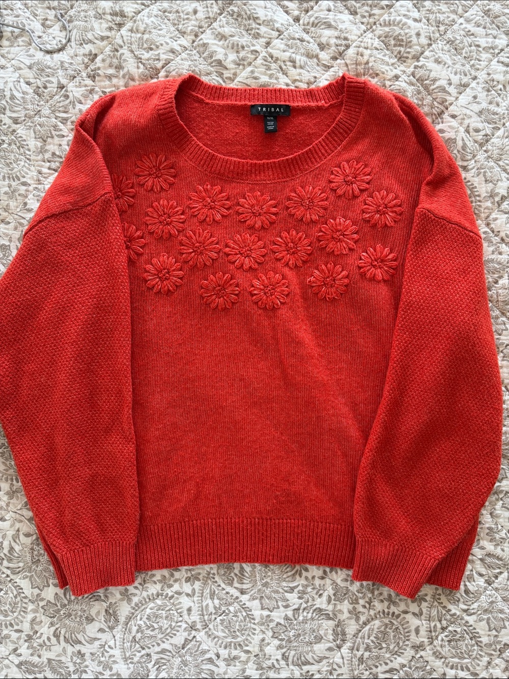 Tribal Orange-Red Floral Applique Crewneck Sweater